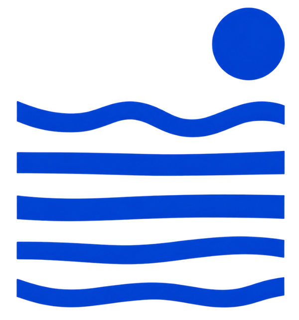 Blue icon of a sun setting above the waves of the bay