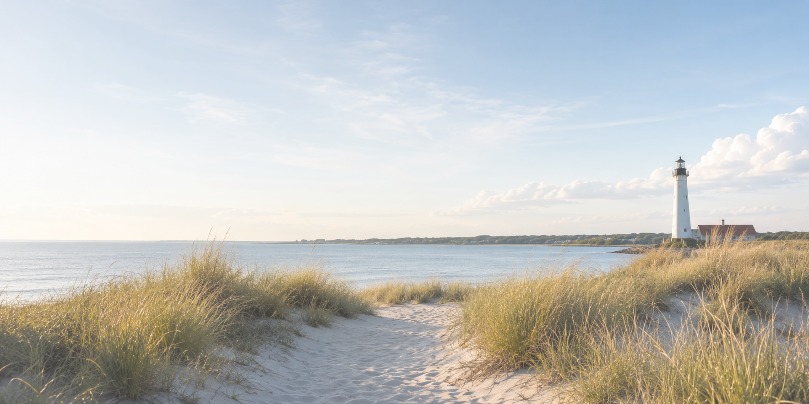 Lighthouse on a beach with dunes and clear sky